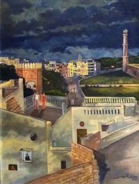 Israr Hussain, Walled City Night Scene, 24 x 32 Inch, Oil on Board, Cityscape Painting, AC-ISHN-006